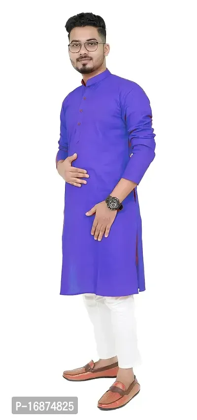 Rainbow Cloths Plain Solid Full Sleeve High Neck Cotton Kurta for Men's (Blue)(42)-thumb0
