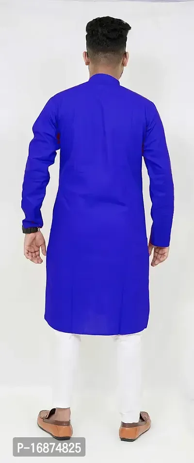 Rainbow Cloths Plain Solid Full Sleeve High Neck Cotton Kurta for Men's (Blue)(42)-thumb2