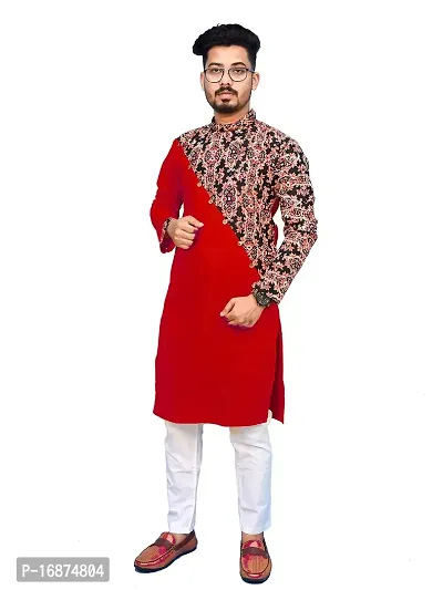 Rainbow Cloths Men's Pure Cotton Designer Fabric Kurta(Red,38)-thumb0