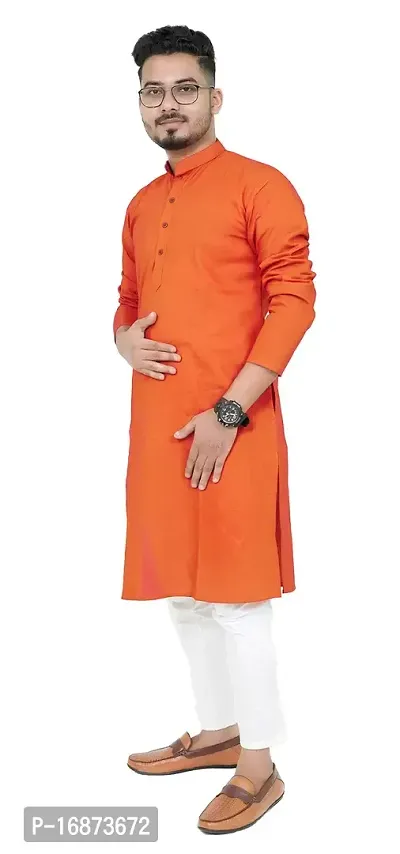 Rainbow Cloths Plain Solid Full Sleeve High Neck Cotton Kurta for Men's (Orange)(36)
