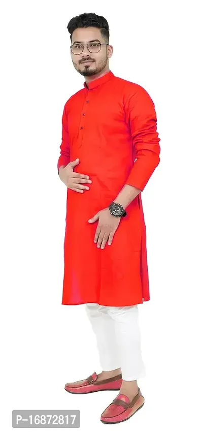 Rainbow CLOTHS Plain Solid Full Sleeve High Neck Cotton Kurta for Men's (Red)(42)