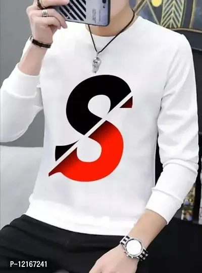 Full Sleeves Round Neck White Printed T-shirt for Mens