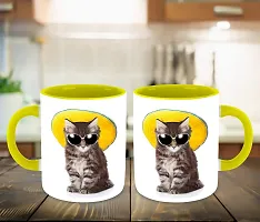 WHATS YOUR KICK (CSK - Cat Lover Inspiration Printed Yellow Ceramic Coffee Cup & Mug with Coaster - Cat Design | Gift for Cat Lover | Cat Gift | Best Gift - D6-thumb2