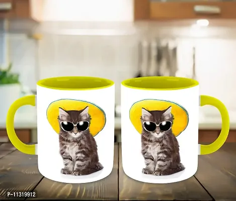 WHATS YOUR KICK (CSK - Cat Lover Inspiration Printed Yellow Ceramic Coffee Cup & Mug with Coaster - Cat Design | Gift for Cat Lover | Cat Gift | Best Gift - D6-thumb3