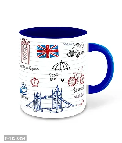 Whats Your Kick? (CSK) London Clipart Inspired Ceramic Dark Blue Inner Color Printed Ceramic Coffee Mug (London, Big Ben, London City) Design-4