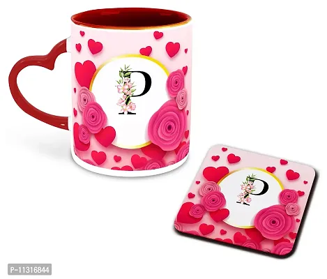 WHATS YOUR KICK (CSK - P Name Alphabet Inspiration Printed Red Heart Handle Ceramic Coffee Cup & Mug - Floral Design | Gift for Girl Friend | Sister Gift | Best Gift - D16