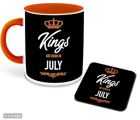Whats Your Kick? (CSK) - Kings are Born in July Printed Orange Inner Colour Ceramic Coffee Mug with Coaster | Drink | Milk Cup - Best Gift | Kings Happy Birthday (Design 13)