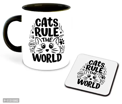 WHATS YOUR KICK (CSK - Cat Lover Inspiration Printed Black Ceramic Coffee Cup & Mug with Coaster - Cat Design | Gift for Cat Lover | Cat Gift | Best Gift - D19