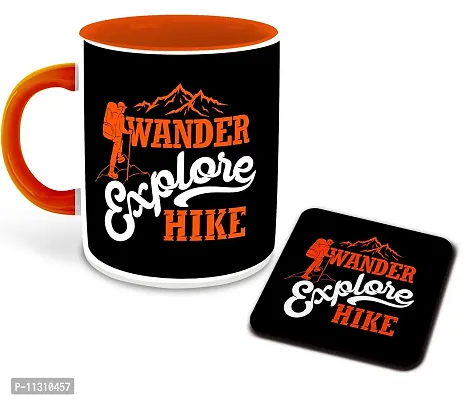 Whats Your Kick? (CSK) Hiking Inspired Printed Designer Orange Inner Color Ceramic Coffee & Tea Mug with Coster (Hiking, Mountain, Gift for Traveller, Birthday Gift, Best Gift) Design- 10