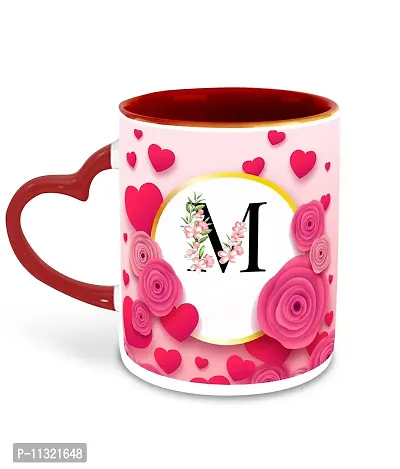 WHATS YOUR KICK (CSK - M Name Alphabet Inspiration Printed Red Heart Handle Ceramic Coffee Cup & Mug with Coaster - Floral Design | Gift for Girl Friend | Sister Gift | Best Gift - D13