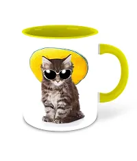 WHATS YOUR KICK (CSK - Cat Lover Inspiration Printed Yellow Ceramic Coffee Cup & Mug with Coaster - Cat Design | Gift for Cat Lover | Cat Gift | Best Gift - D6-thumb1