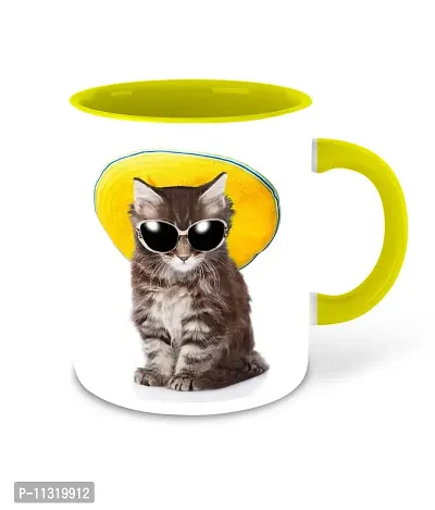 WHATS YOUR KICK (CSK - Cat Lover Inspiration Printed Yellow Ceramic Coffee Cup & Mug with Coaster - Cat Design | Gift for Cat Lover | Cat Gift | Best Gift - D6-thumb2