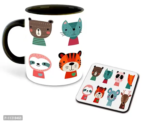 Whats Your Kick? (CSK) - Animal Cartoon Clipart Printed Black Inner Color Ceramic Coffee Mug with Coaster - Birthday | Anniversary | Best Gift | Cartoons - Design 10