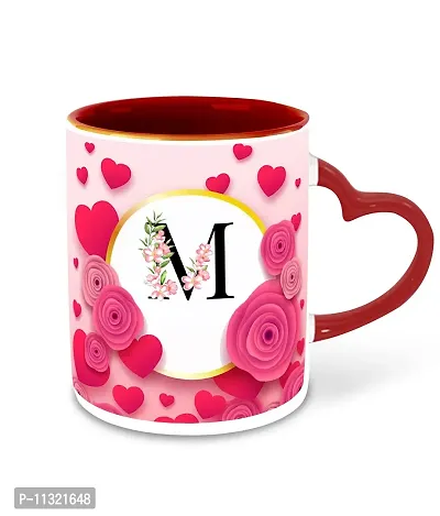 WHATS YOUR KICK (CSK - M Name Alphabet Inspiration Printed Red Heart Handle Ceramic Coffee Cup & Mug with Coaster - Floral Design | Gift for Girl Friend | Sister Gift | Best Gift - D13-thumb2