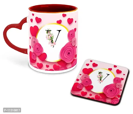 WHATS YOUR KICK (CSK - V Name Alphabet Inspiration Printed Red Heart Handle Ceramic Coffee Cup & Mug - Floral Design | Gift for Girl Friend | Sister Gift | Best Gift - D22-thumb0