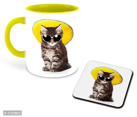 WHATS YOUR KICK (CSK - Cat Lover Inspiration Printed Yellow Ceramic Coffee Cup & Mug with Coaster - Cat Design | Gift for Cat Lover | Cat Gift | Best Gift - D6-thumb0