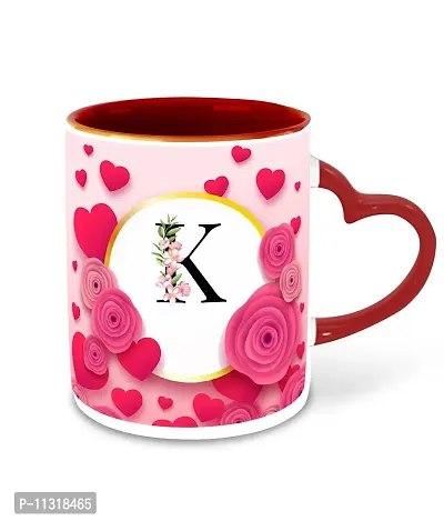 WHATS YOUR KICK (CSK - K Name Alphabet Inspiration Printed Red Heart Handle Ceramic Coffee Cup & Mug with Coaster - Floral Design | Gift for Girl Friend | Sister Gift | Best Gift - D11-thumb2