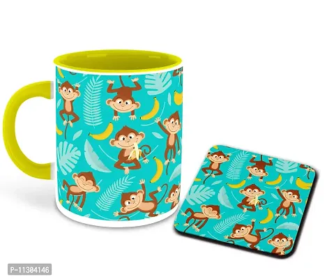 WHATS YOUR KICK (CSK-Animal Cartoons, Inspiration Printed Yellow Inner Colour Ceramic Coffee Mug with Coaster- Funny, Cartoons, Best Gift | for Kids, Unique Gifts (Multi 21)