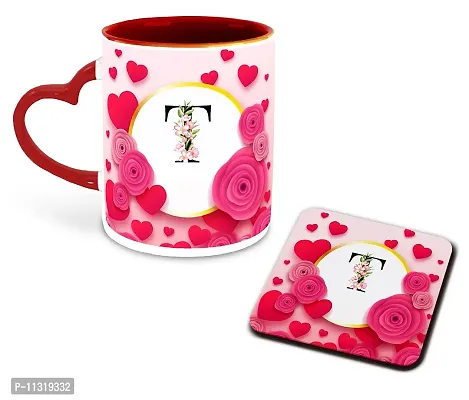 WHATS YOUR KICK (CSK - T Name Alphabet Inspiration Printed Red Heart Handle Ceramic Coffee Cup & Mug - Floral Design | Gift for Girl Friend | Sister Gift | Best Gift - D20