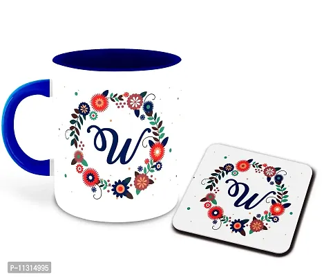 Whats Your Kick? (CSK) - Letter W Name Initial Alphabet Inspiration Printed Blue Inner Color Ceramic Coffee Mug and Tea Mug with Coaster- Birthday | Anniversary (Multi 23)