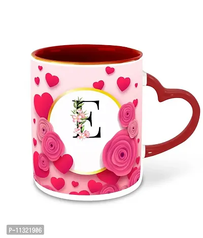 WHATS YOUR KICK (CSK - E Name Alphabet Inspiration Printed Red Heart Handle Ceramic Coffee Cup & Mug with Coaster - Floral Design | Gift for Girl Friend | Sister Gift | Best Gift - D5-thumb2