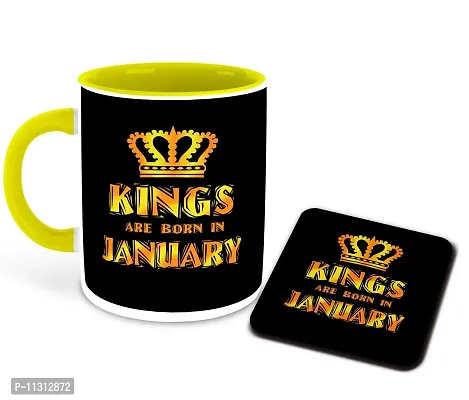 Whats Your Kick? (CSK) - Kings are Born in January Printed Yellow Inner Colour Ceramic Coffee Mug with Coaster- Happy Birthday | Gift | Drink Mugs | (Multi 2)