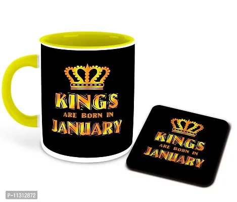 Whats Your Kick? (CSK) - Kings are Born in January Printed Yellow Inner Colour Ceramic Coffee Mug with Coaster- Happy Birthday | Gift | Drink Mugs | (Multi 2)-thumb0