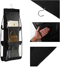 Everbuy? Hanging Handbag Purse Organizer Bags Dustproof Storage Bags Holder for Closet Wardrobe Door Space Saving Organizer System with 6 Large Clear Vinyl Pockets (Metal Hanger)(Black)-thumb2