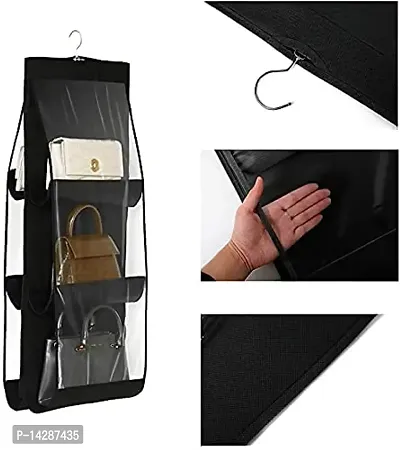 Everbuy? Hanging Handbag Purse Organizer Bags Dustproof Storage Bags Holder for Closet Wardrobe Door Space Saving Organizer System with 6 Large Clear Vinyl Pockets (Metal Hanger)(Black)-thumb3