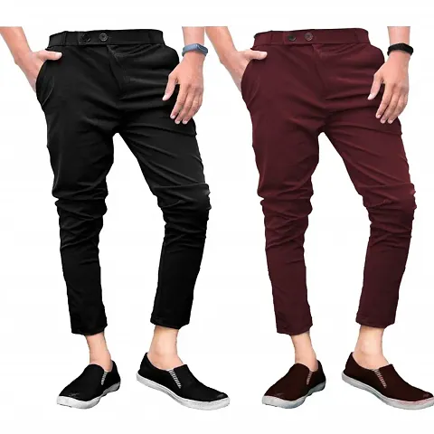 Stylish Lycra Solid Regular Trousers For Men Pack Of 2