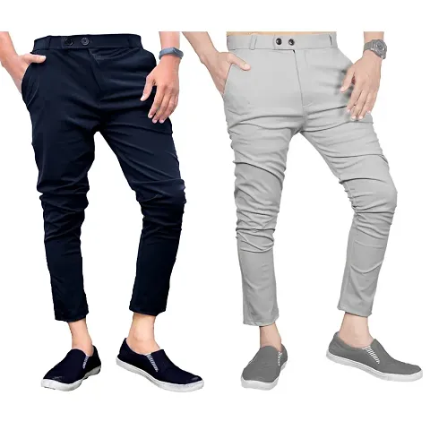 Stylish Lycra Solid Regular Trousers For Men Pack Of 2