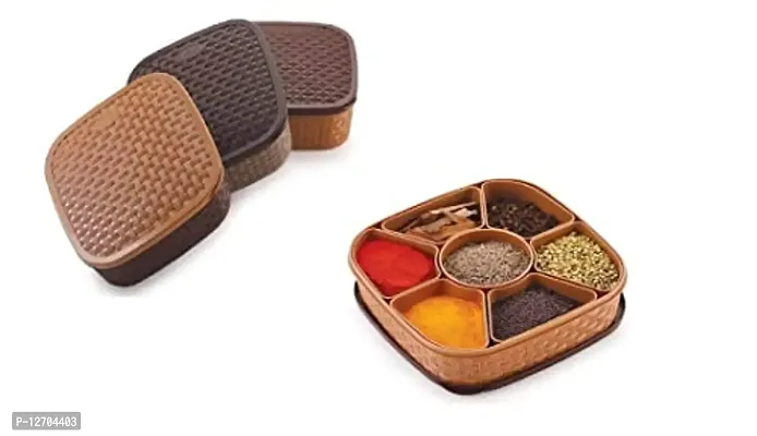 Konquer TimeS Classic Masala box / Rangoli Box - 7 Sections Masala Container, Wooden Style (Plastic) Multicolor. (1)-thumb0