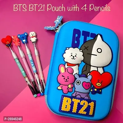 Bts Pencil Pouch With 4 Bts Pencils, An Ideal Stationery For Kids Who Love K Pop , Bts , Black Pink