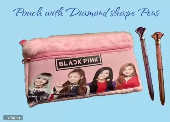 Black Pink K Pop Pouch Pencil Box With Pens Ideal For Kids Going To College School, The Item Includes Two Diamond Shaped Pens