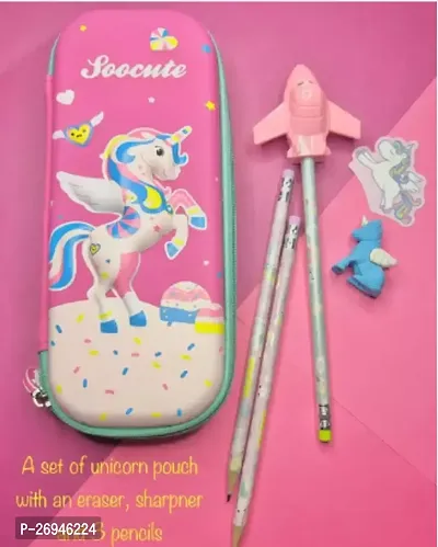 Unicorn Pencil Pouch With 3 Pencils, One Eraser, One Sharpner An Ideal Stationery For Kids School College Students