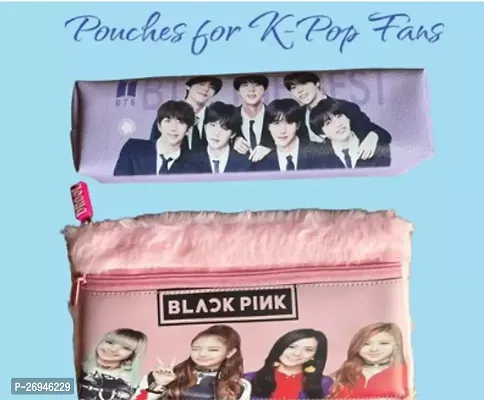 Black Pink Bts Pouches(One Each) - K Pop Ideal For Their Fans, These Pouches Can Be Used As Pencil Box