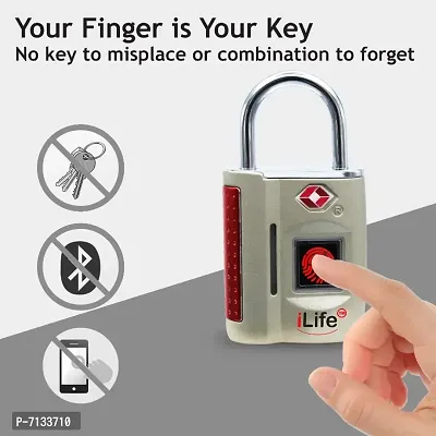 iLife Fingerprint TSA Painted Padlock, Smart Biometric Lock, Metal Waterproof Portable Security Lock for Gym, Door, Backpack, Luggage Suitcase, Bike, Office, keyless; Gold-thumb2