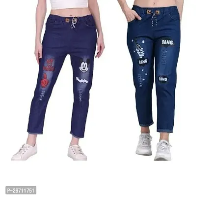 Stylish Blue Denim Printed Jeans For Women Pack of 2-thumb0