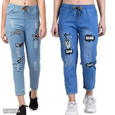Stylish Blue Denim Printed Jeans For Women Pack of 2