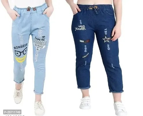 Stylish Blue Denim Printed Jeans For Women Pack of 2