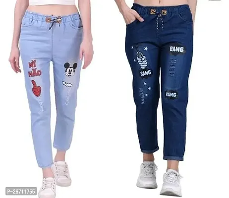 Stylish Blue Denim Printed Jeans For Women Pack of 2-thumb0