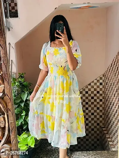 Stylish Yellow Georgette Printed Dresses For Women-thumb0