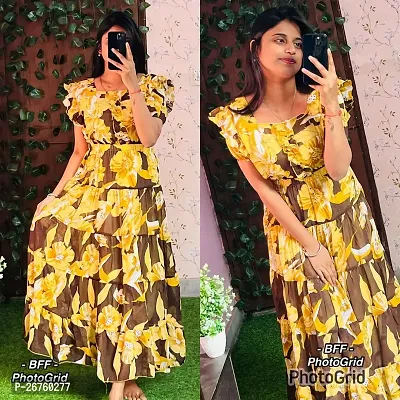 Stylish Yellow Georgette Printed Dresses For Women