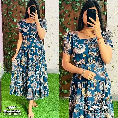Stylish Teal Georgette Printed Dresses For Women-thumb0