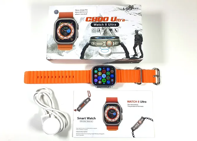 C800 Ultra Smartwatch Big 1.99 Wireless Charging - Orange - For Men  Women