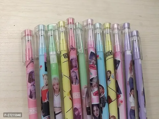 12 Pcs Black pink Theme Pens 0.5mm Tip Blue Ink Erasable Gel Pen Set with attached Magic Wipe Eraser Designer Pen Set for Kids (Pack of 12)-thumb0