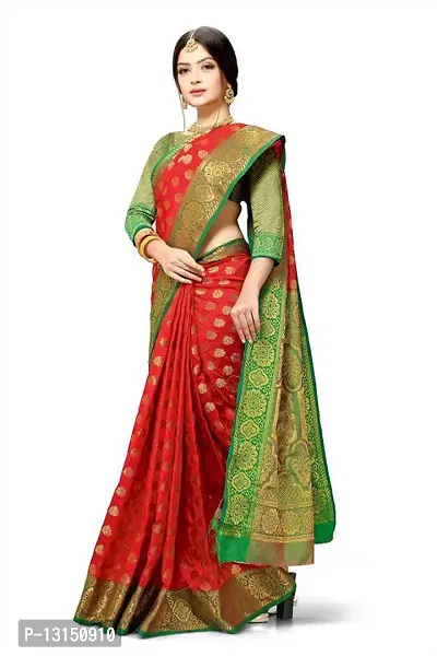 RK FASHIONS Women's Red Silk Jaquard Saree With Blouse Piece-thumb0