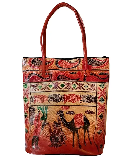 Pure Leather Traditional Printed Handbag 14 Inch