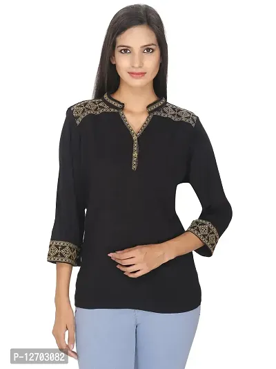 Generic Aditii's Mantra Fashionable Women's Cotton Golden Embroidered Top (Black, Large)