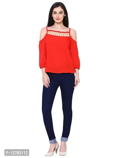 Aditii's Mantra Women's Crepe Golden Pipe Work on Neck Western Top (Red, XL)